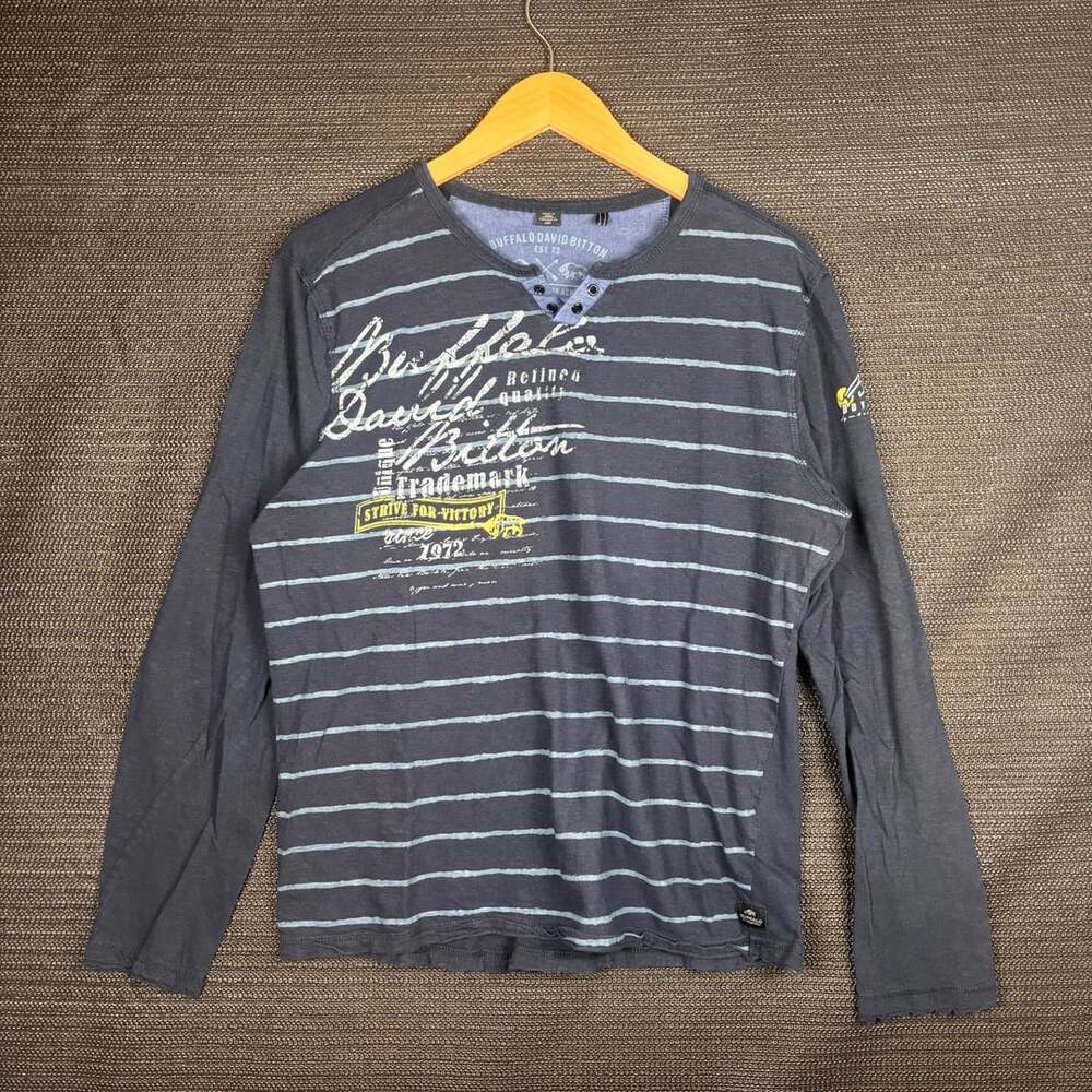 Buffalo David Bitton Long Sleeve Henley Shirt Striped Graphic